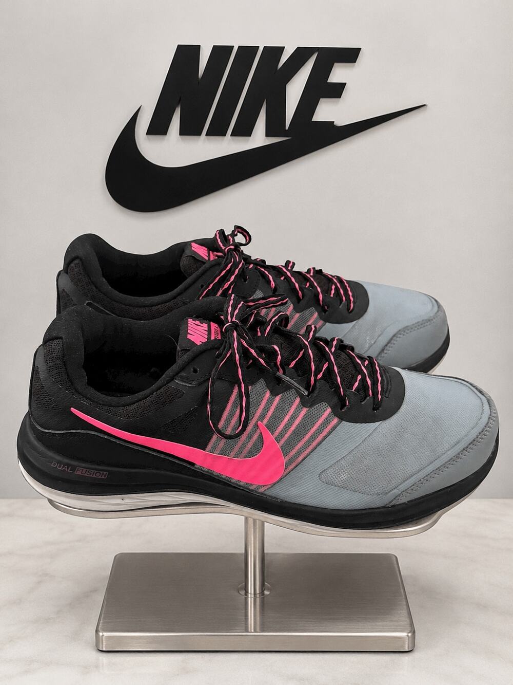 Nike Dual Fusion X Black Pink Pow Dove Grey Running Shoes Womens 9.5